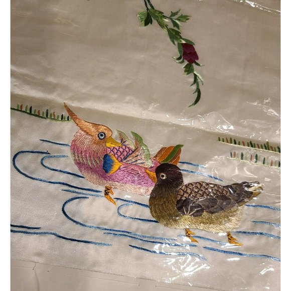 Vintage Silk Embroidered Asian Bird Duck Peacock Art Picture. Set of 2 - Picture 9 of 12